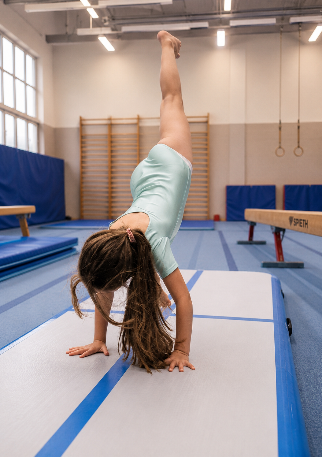 Barn gör handstående på en gymnastikmatta